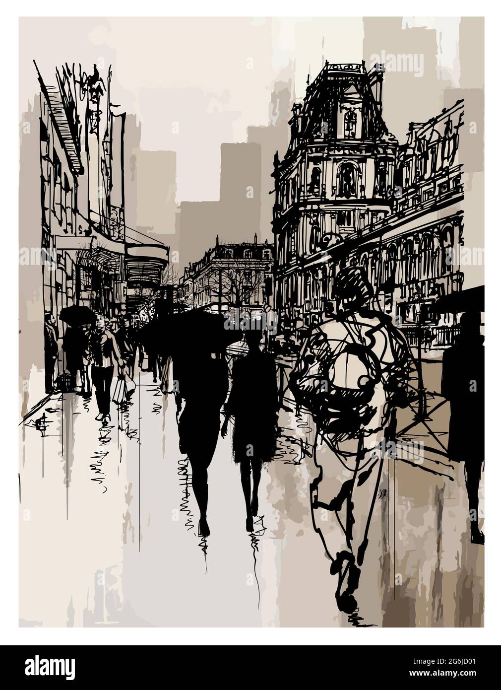 Paris, les gens marchant près de l'hôtel de ville après la pluie - illustration vectorielle Illustration de Vecteur