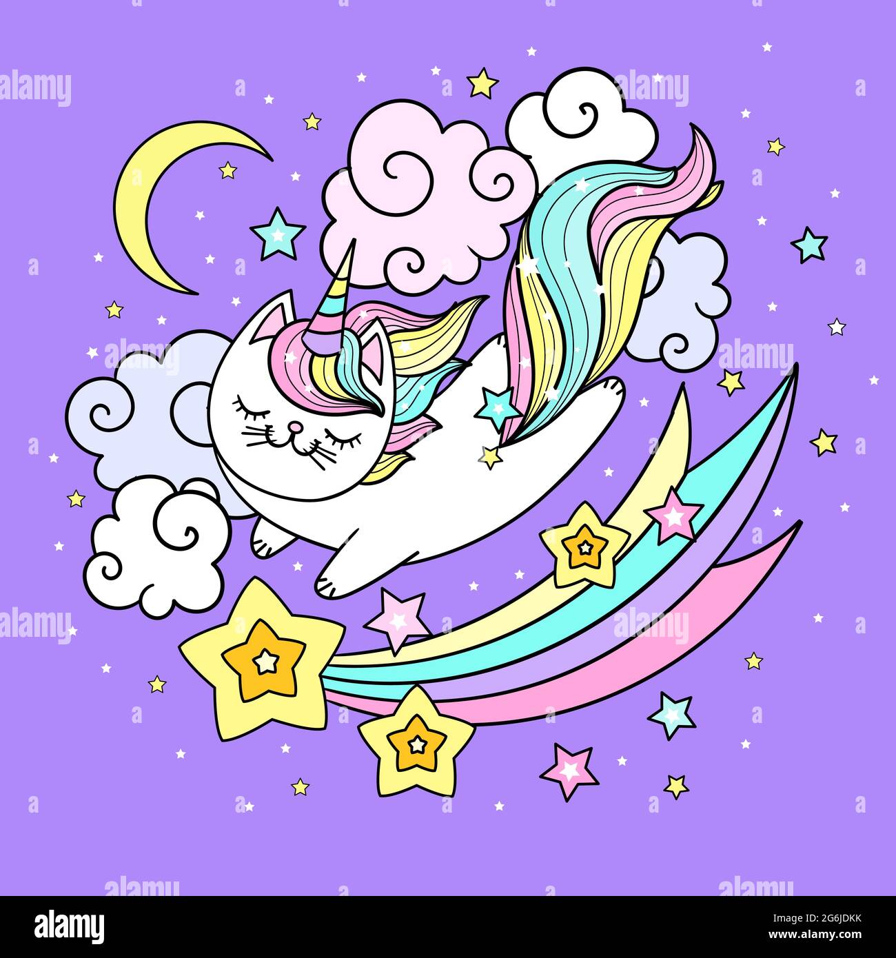 La jolie licorne de chat vole à travers le ciel. Illustration vectorielle à plat pour enfants. Illustration de Vecteur