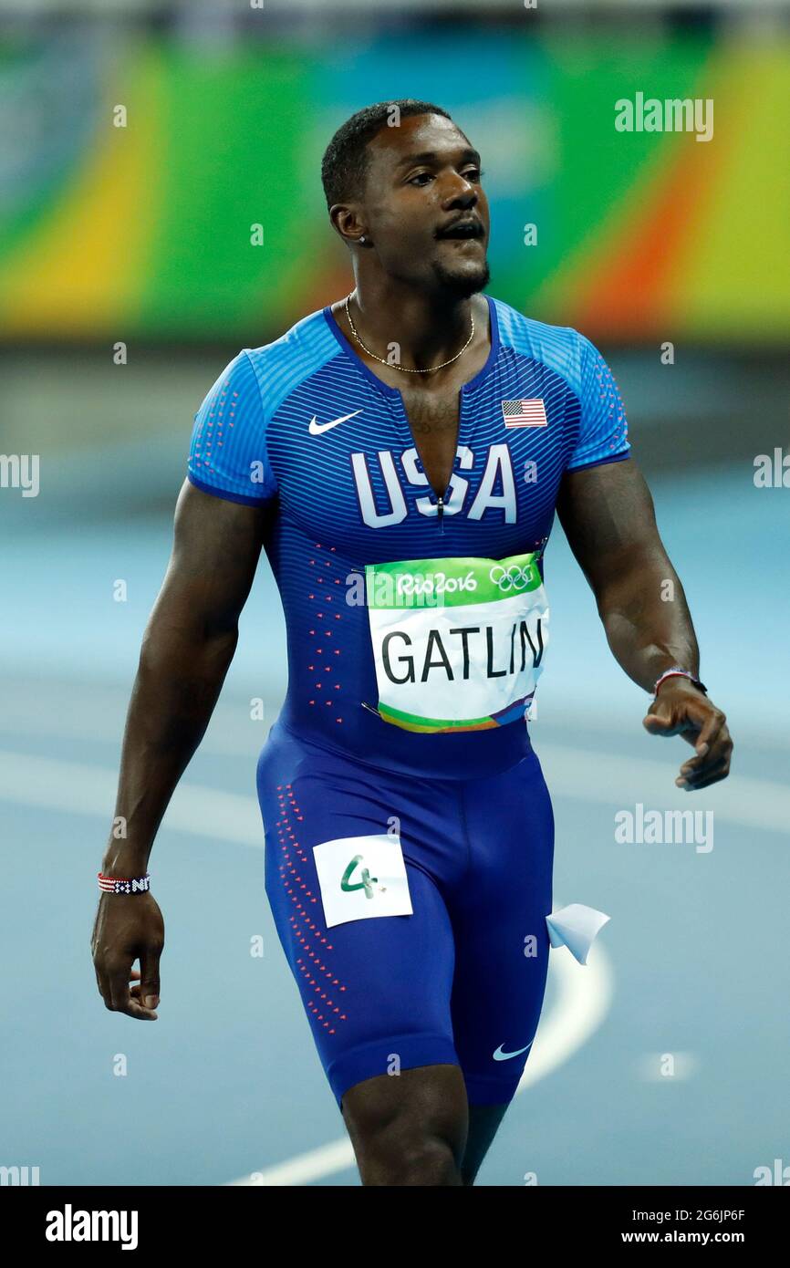 Justin Gatlin sprinter aux Jeux Olympiques de Rio 2016. L'athlète de l