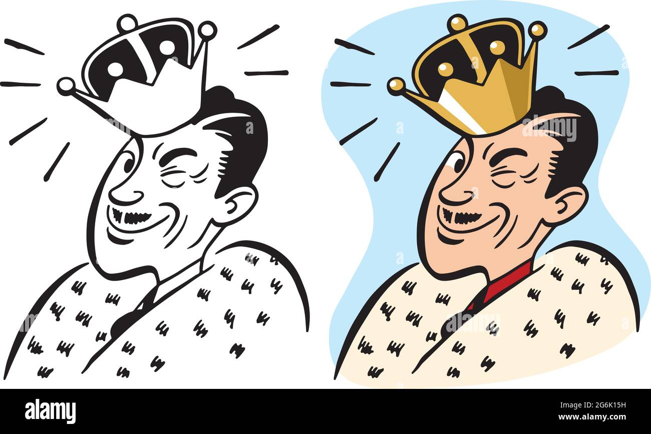 Un dessin animé rétro vintage d'un homme habillé comme un roi portant une couronne et un clin d'œil. Illustration de Vecteur