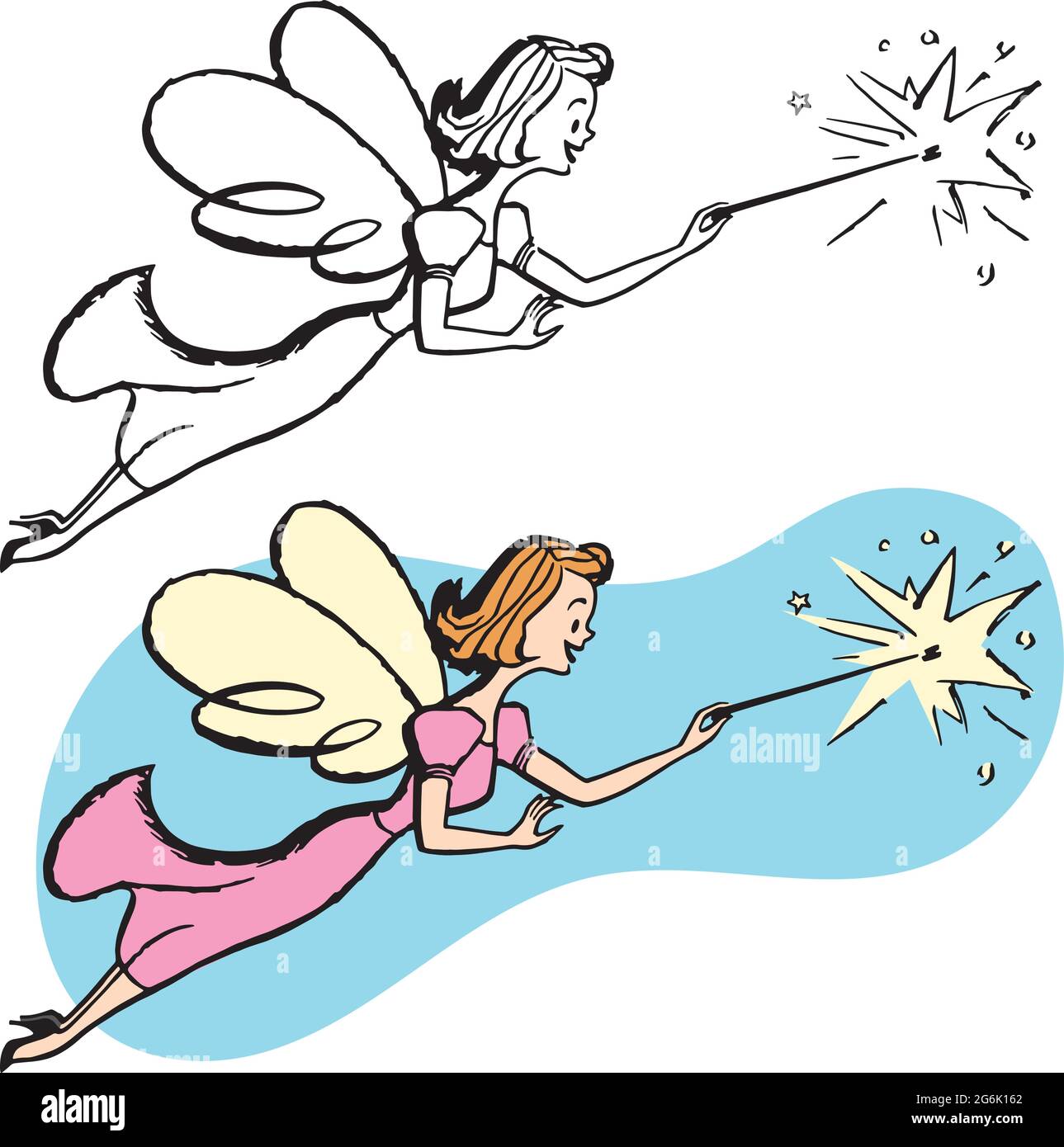 Un dessin animé rétro vintage d'une fée magique avec des ailes et une baguette magique. Illustration de Vecteur