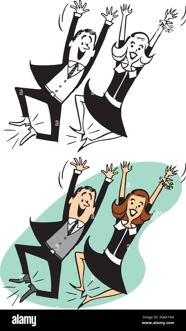 Un dessin animé rétro vintage d'un couple enthousiaste dansant et se lançant sur les talons. Illustration de Vecteur