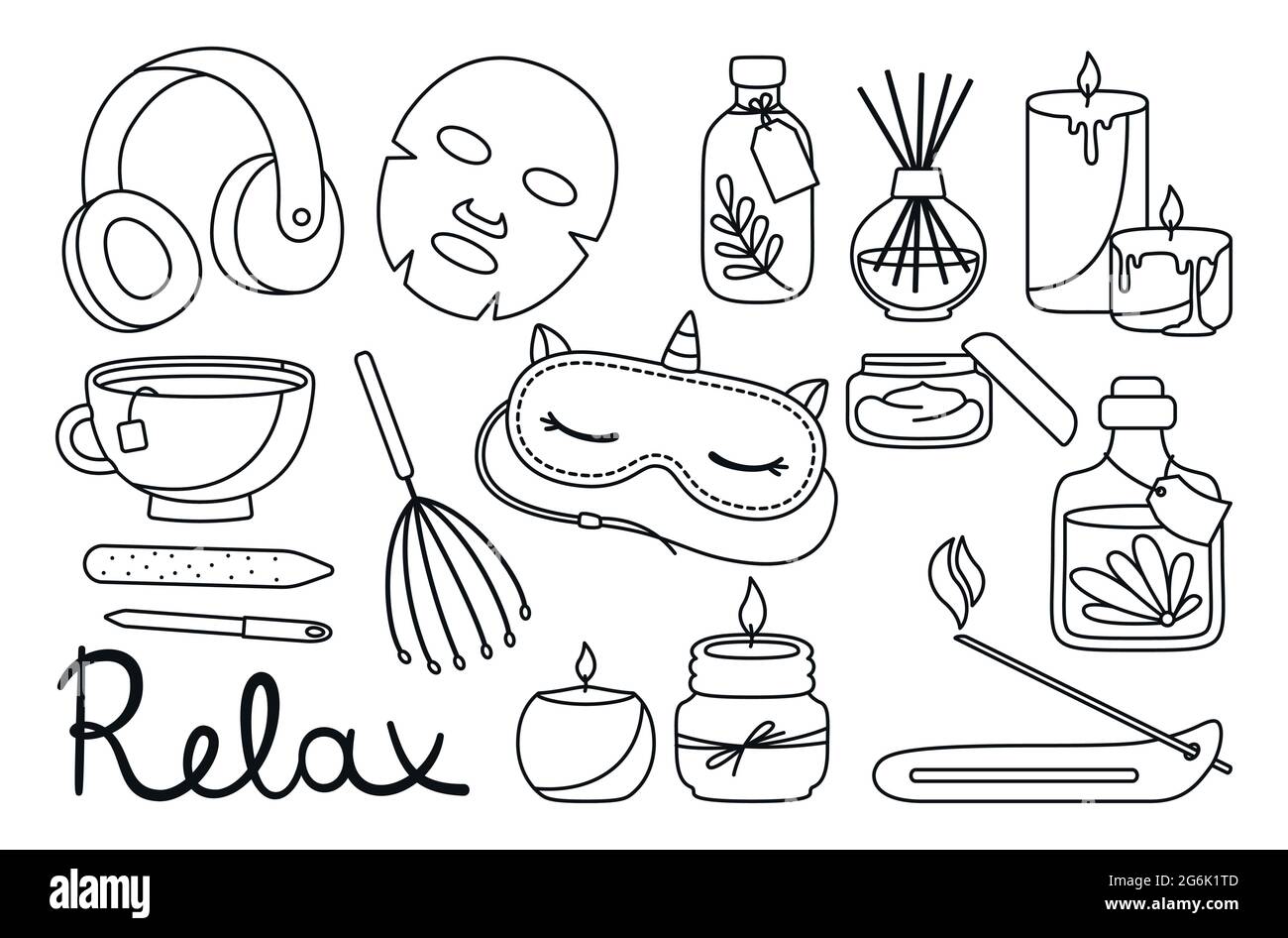 Spa salon de relaxation ensemble de doodle. Spa aromathérapie bougie  aromatique, masque de sommeil et tasse à thé. Casque, lime à ongles et  massage. Concept de soins du corps et de temps
