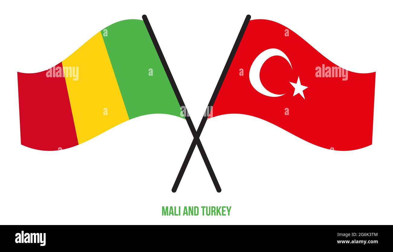 Mali et Turquie drapeaux croisés et ondulant le style plat. Proportion officielle. Corriger les couleurs. Illustration de Vecteur