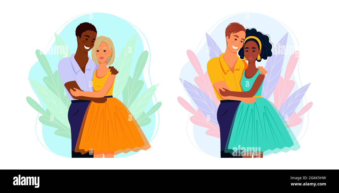 Couple multiracial dans l'amour, famille de différentes nationalités, illustration vectorielle dans le style plat. Dessin animé Illustration de Vecteur