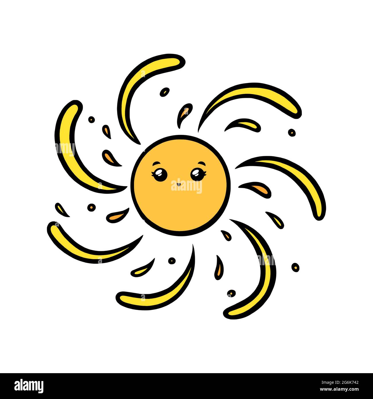 Soleil mignon avec les yeux et le sourire. Soleil jaune visage souriant dans le style de la caniche. Illustration vectorielle noir et blanc isolée sur fond blanc Illustration de Vecteur