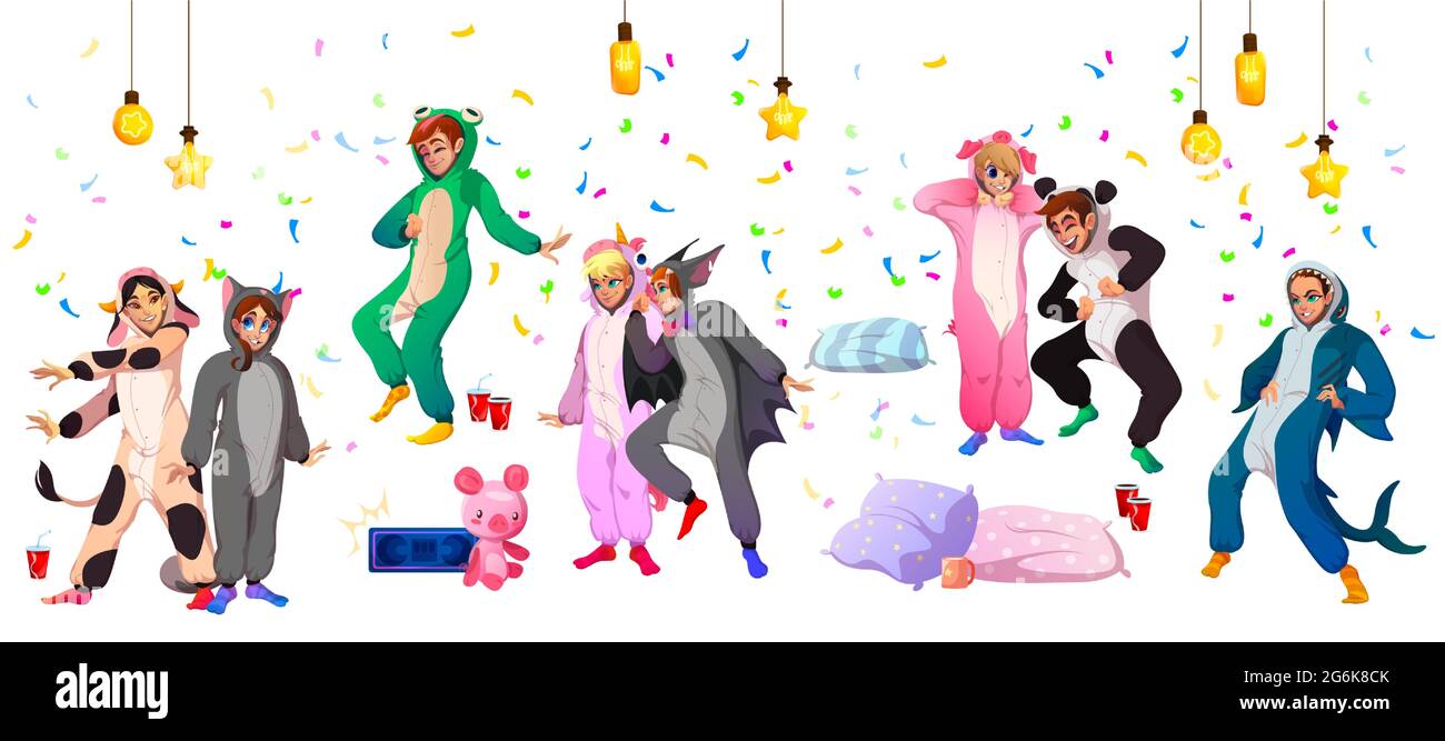 Kigurumi Pajama Party, jeunes en costumes d'animaux grenouille, requin, vache et panda, chauve-souris, cochon et licorne avec chauve-souris s'amuser avec des amis, confetti, oreillers et musique, illustration vectorielle de dessin animé Illustration de Vecteur