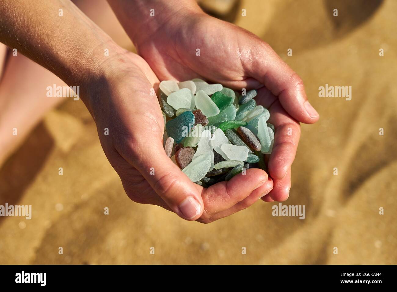 Les mains en forme de cuvette tiennent le verre de mer recueilli de la plage Banque D'Images