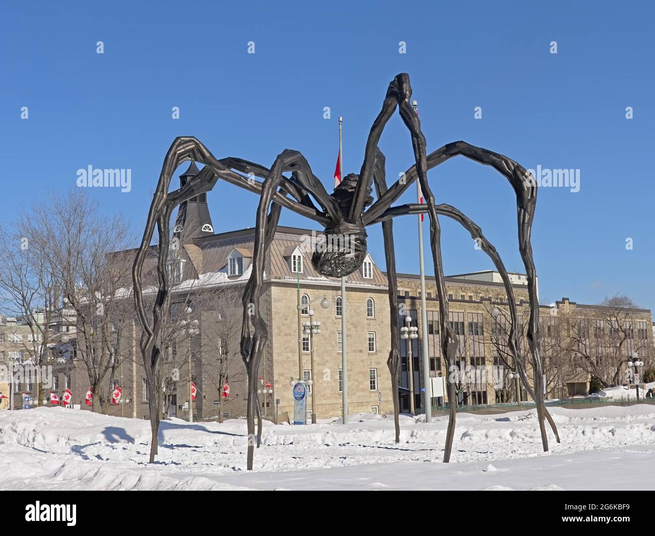 La sculpture en araignée de bronze «maman» de Louise Bourgeois en plein air lors d'une journée d'hiver ensoleillée avec ciel bleu et neige sur le plancher à Ottawa, capitale du Canada Banque D'Images