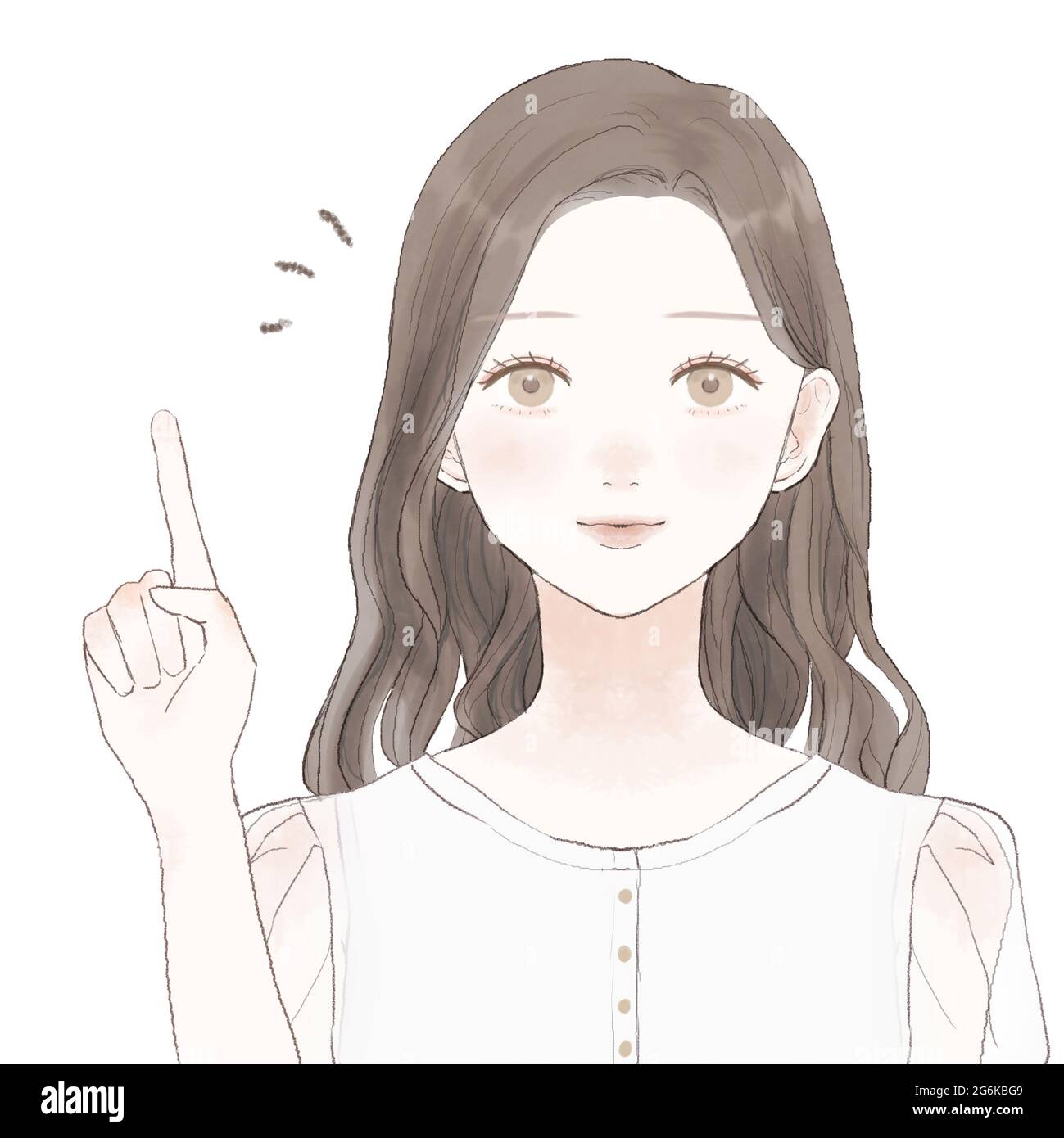 Une femme expliquant tout en pointant son doigt. Sur fond blanc. Banque D'Images