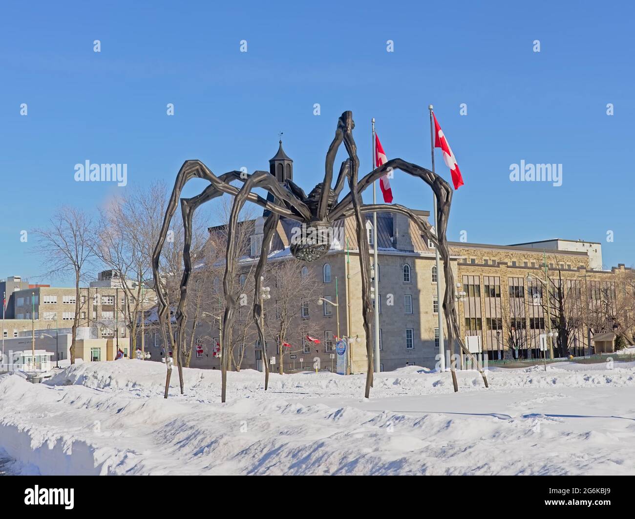 La sculpture en araignée de bronze «maman» de Louise Bourgeois en plein air lors d'une journée d'hiver ensoleillée avec ciel bleu et neige sur le plancher à Ottawa, capitale du Canada Banque D'Images