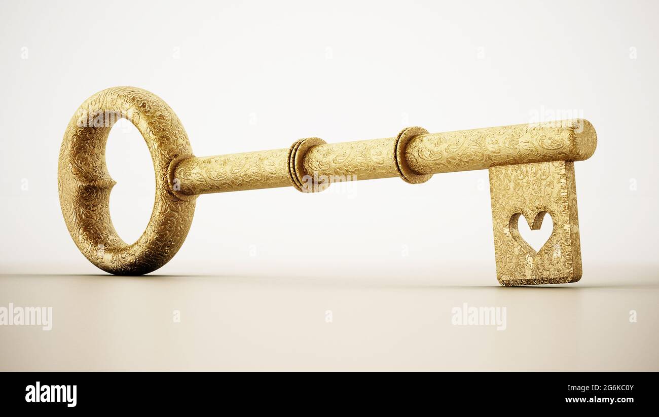 Touche dorée ornée d'un symbole en forme de coeur, isolée sur fond blanc. Illustration 3D. Banque D'Images