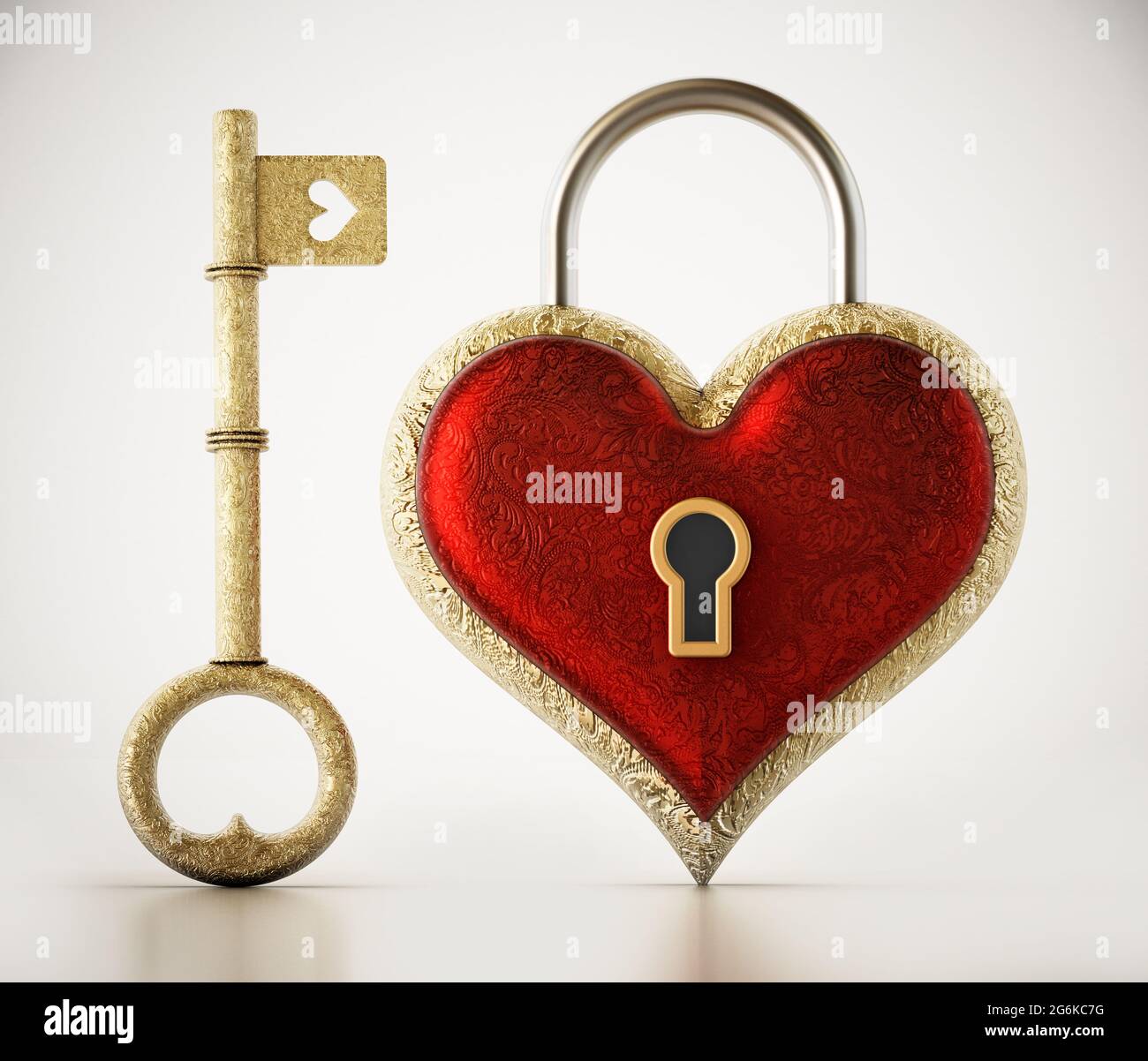 Clé dorée ornée d'un symbole en forme de coeur et d'un cadenas en forme de coeur isolé sur fond blanc. Illustration 3D. Banque D'Images