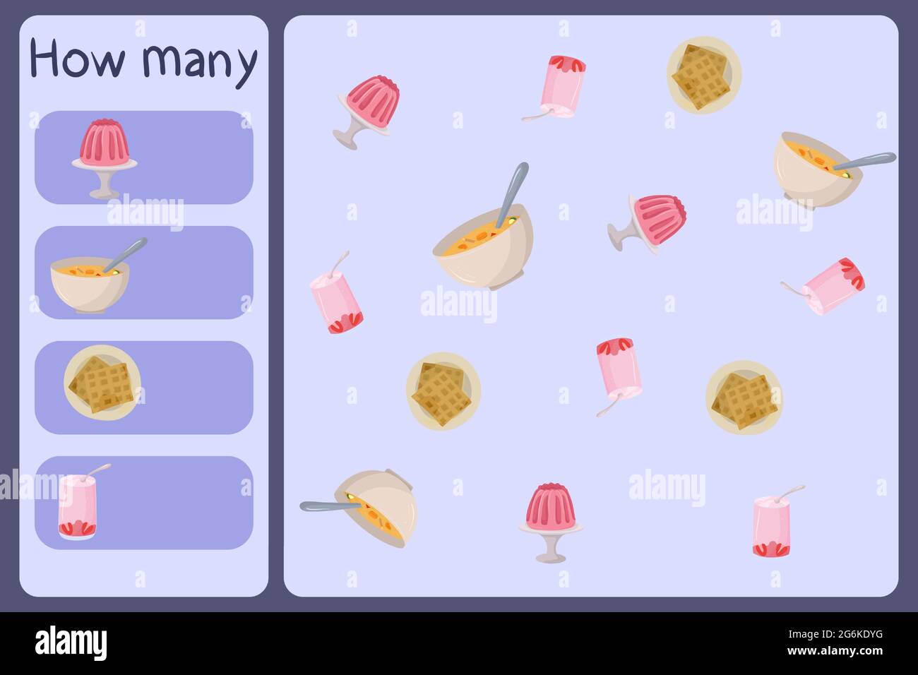 Mini jeu mathématique pour enfants - comptez combien d'aliments - gelée, soupe, gaufres, yaourt. Jeux éducatifs pour enfants. Modèle de dessin animé sur fond coloré. Graphique vectoriel. Illustration de Vecteur