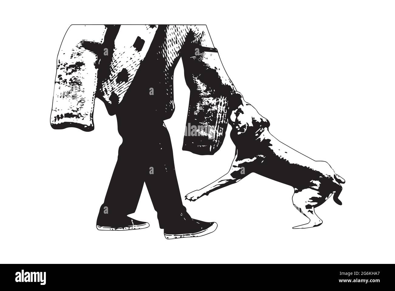 Entraînement K9 Black and White Silhouette police avec leurre. Un Staffordshire Terrier américain attaque agressivement un homme portant des vêtements spéciaux. Illustration de Vecteur