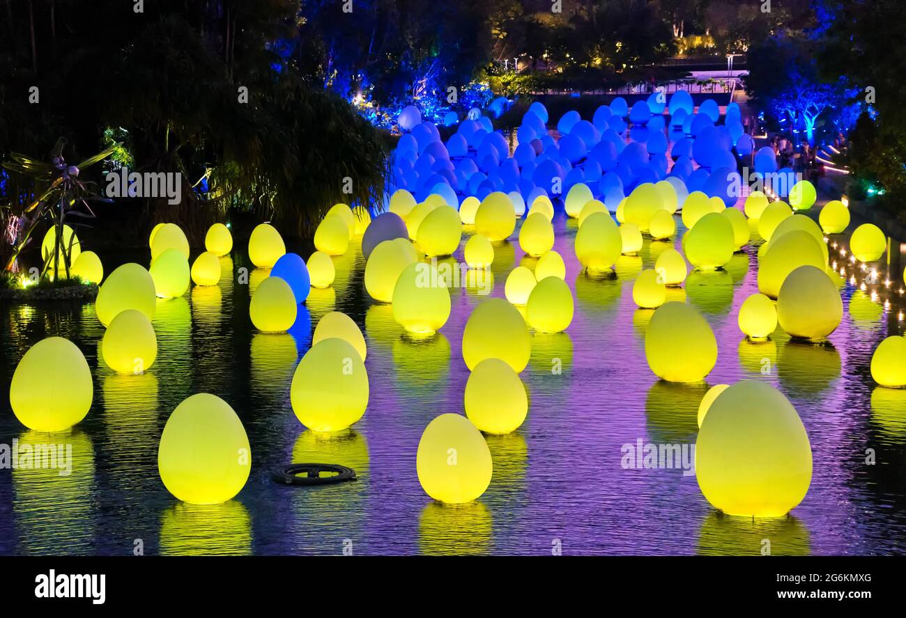 Singapour - 25 février 2020. Des œufs bleus et jaunes colorés flottent sur l'eau dans le lac Dragonfly. Événement temporaire future Together by Japanese art TeamLab. Banque D'Images