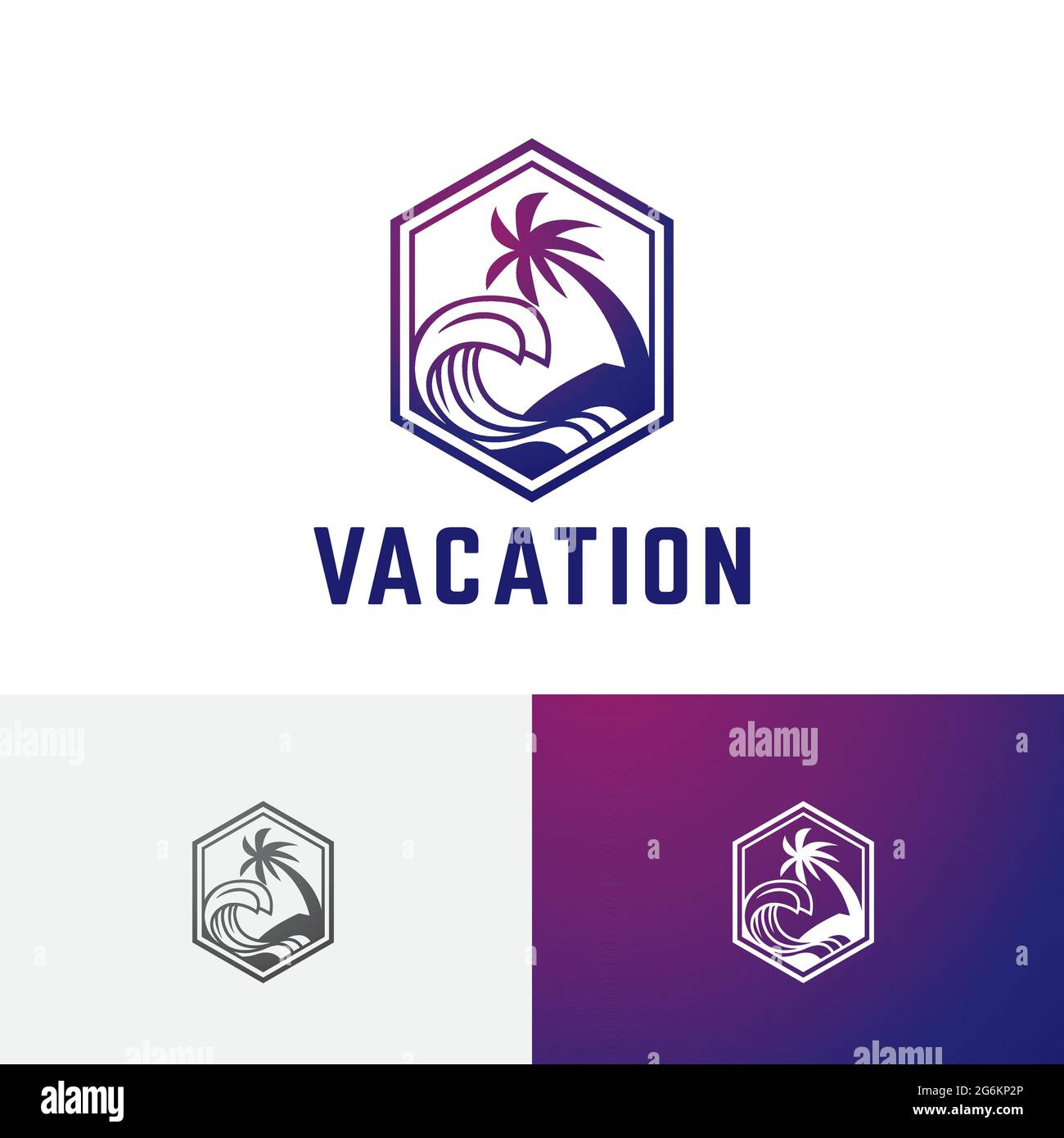Sea Wave Tropical Island Coconut Palm Tree logo Hexagon Illustration de Vecteur