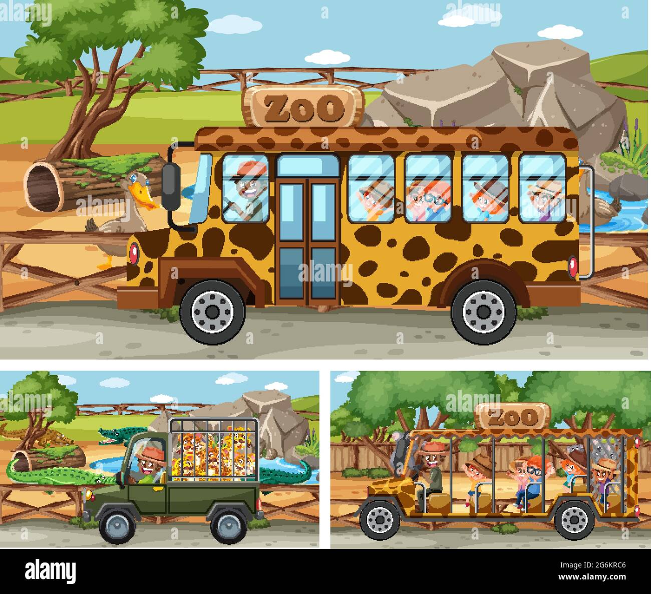 Différentes scènes de safari avec des animaux et des dessins de personnage de dessin animé d'enfants Illustration de Vecteur