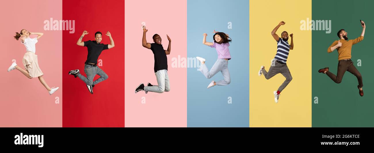 Portraits de groupes de personnes sautant isolés sur fond coloré, collage. Banque D'Images