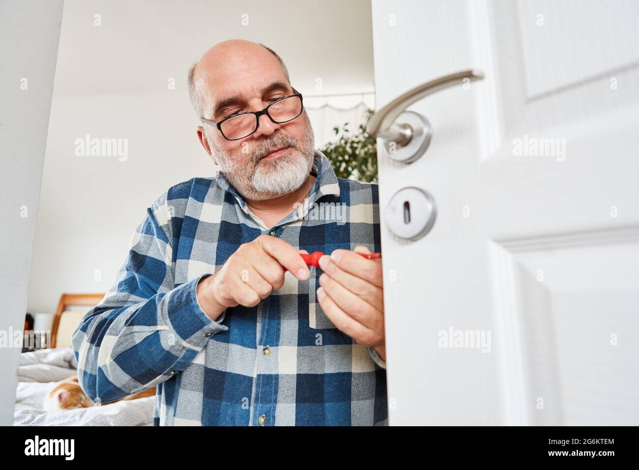 L'artisan ou le bricolage répare ou change la serrure de porte avec un tournevis Banque D'Images
