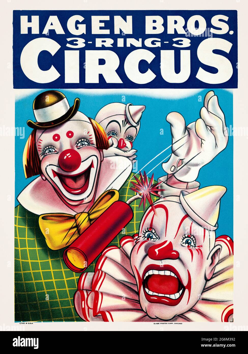 Hagen Bros. 3-Ring-3 Circus. Artiste inconnu. Affiche ancienne restaurée publiée vers les années 1950 aux États-Unis. Banque D'Images