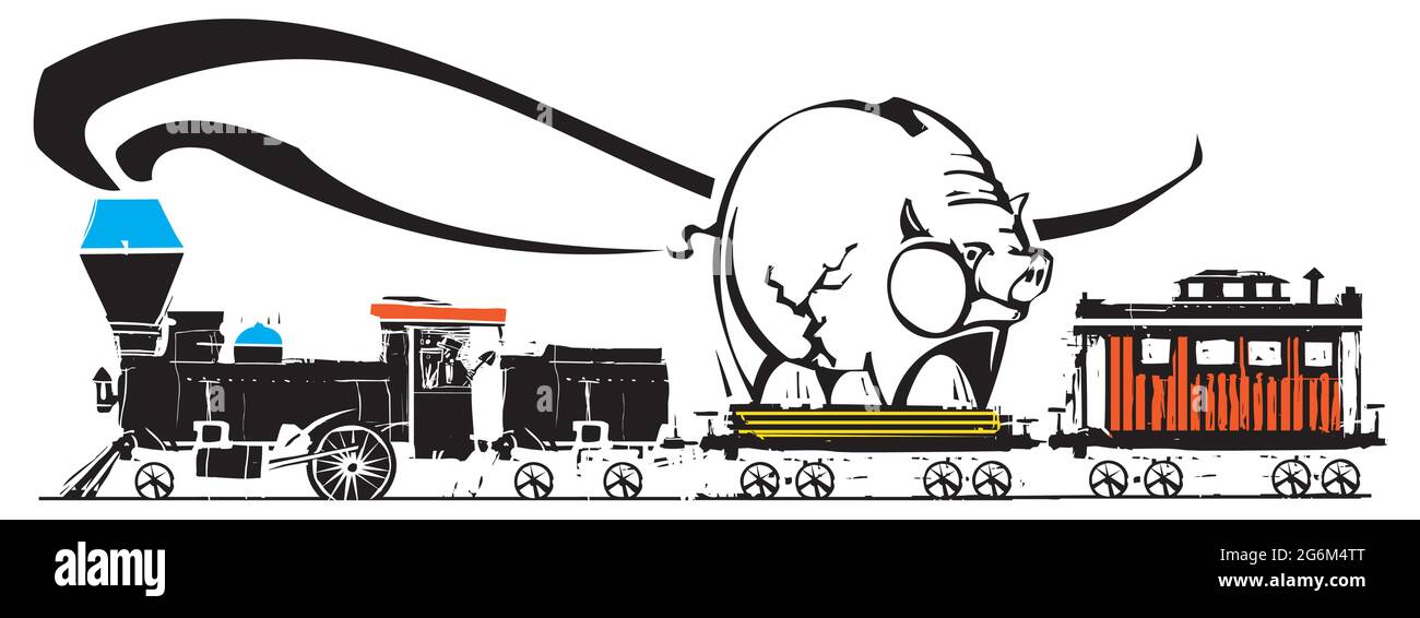 Locomotive à vapeur style expressionniste avec bois et banc de pigey Illustration de Vecteur
