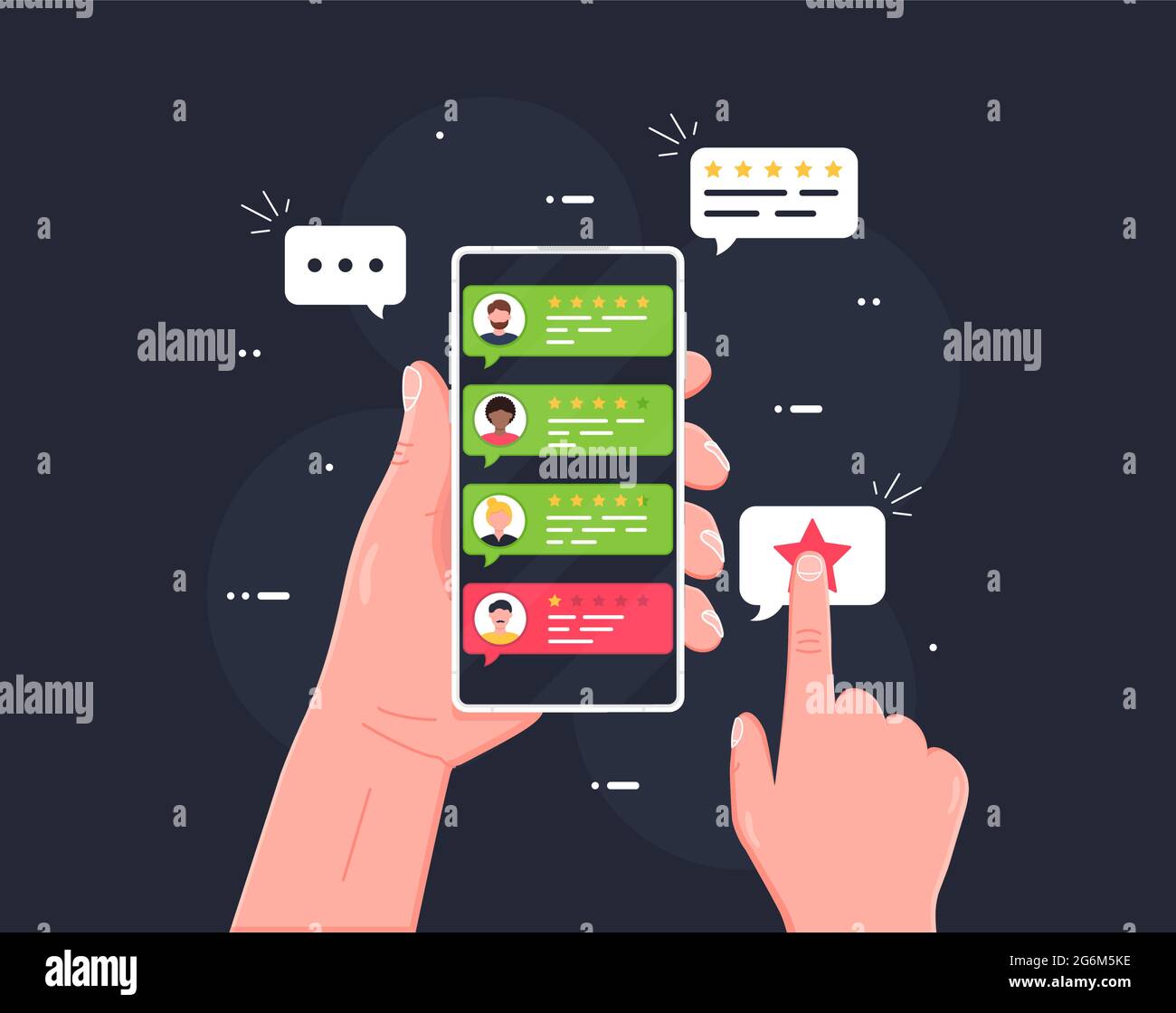 Tenir le téléphone en main et noter le contenu avec une maquette en étoile.icône de notation, de signet et d'évaluation de l'utilisateur dans la bulle sur le téléphone mobile. Conc. Des médias sociaux Illustration de Vecteur