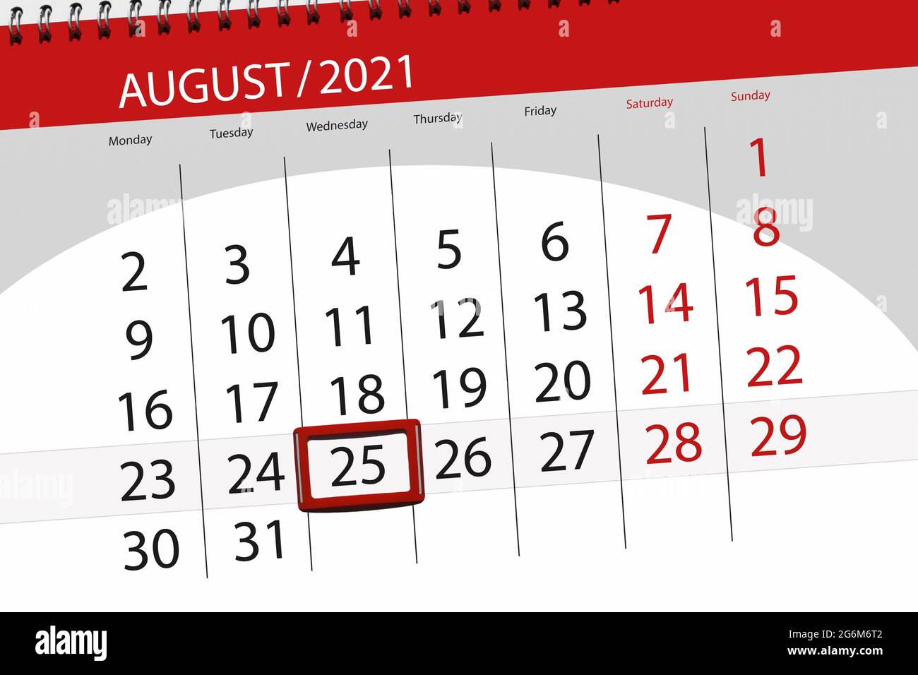 Calendrier pour le mois d'août 2021, date limite, 25, mercredi. Banque D'Images