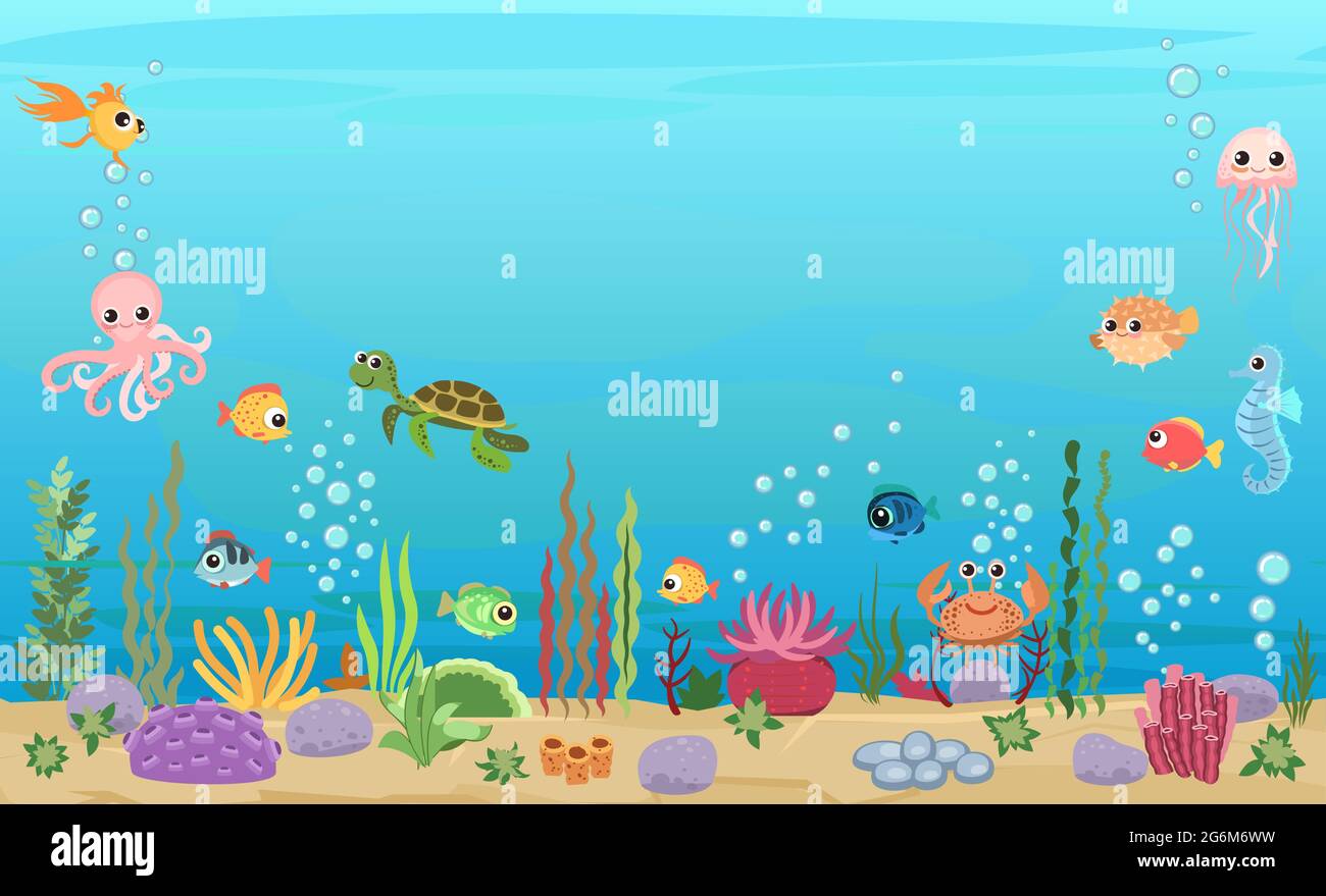 Fond du réservoir avec poisson et tortue. Eau bleue. Océan de mer. Paysage sous-marin avec animaux. Plantes, algues et coraux. Illustration. Dessin animé Illustration de Vecteur
