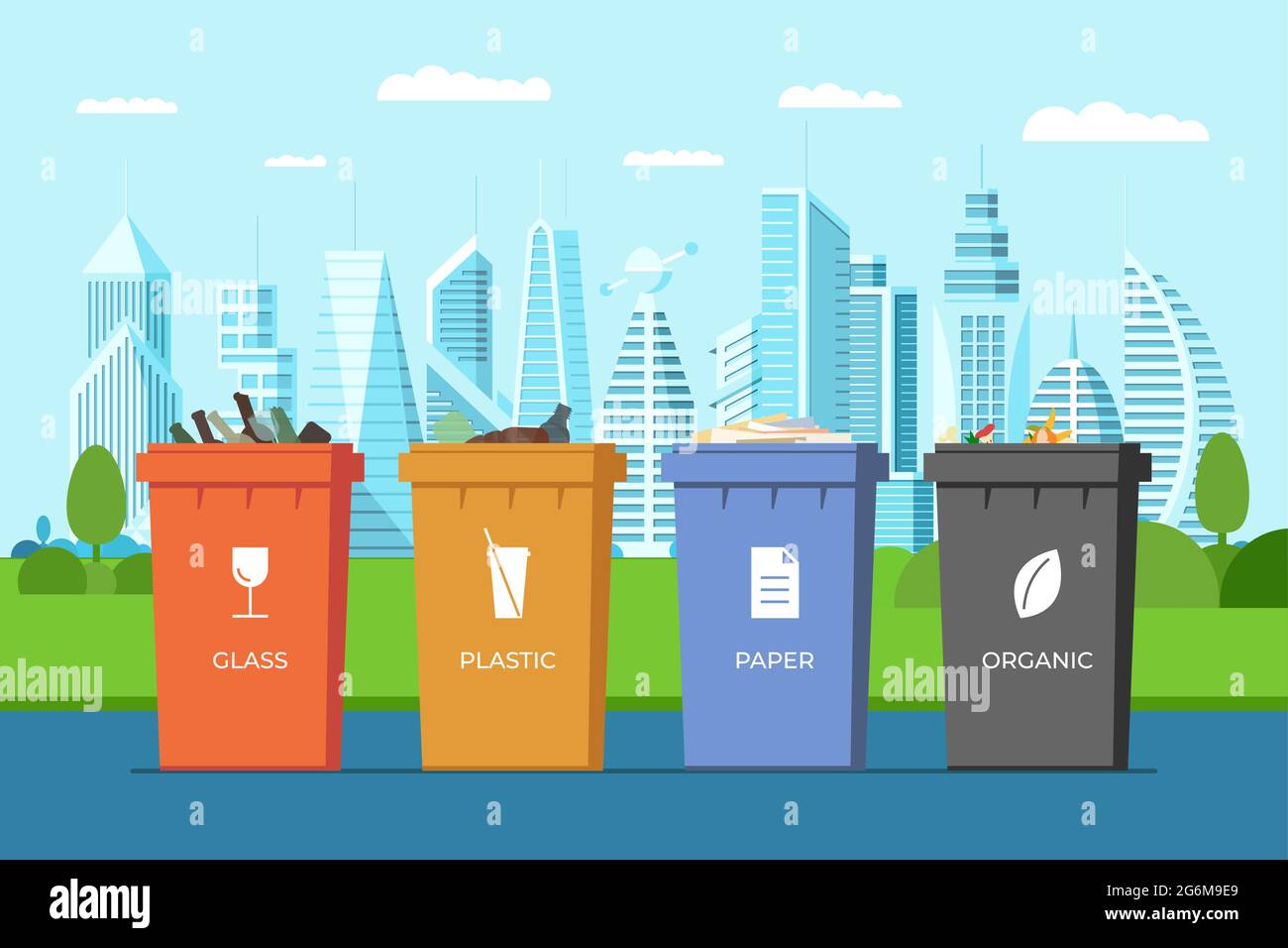 Conteneurs de tri des déchets dans un parc urbain moderne.Poubelles colorées en papier, verre, plastique et organique pour recyclage dans les rues urbaines.Ensemble de poubelles.Utilisation des déchets et écologie Save concept Illustration de Vecteur