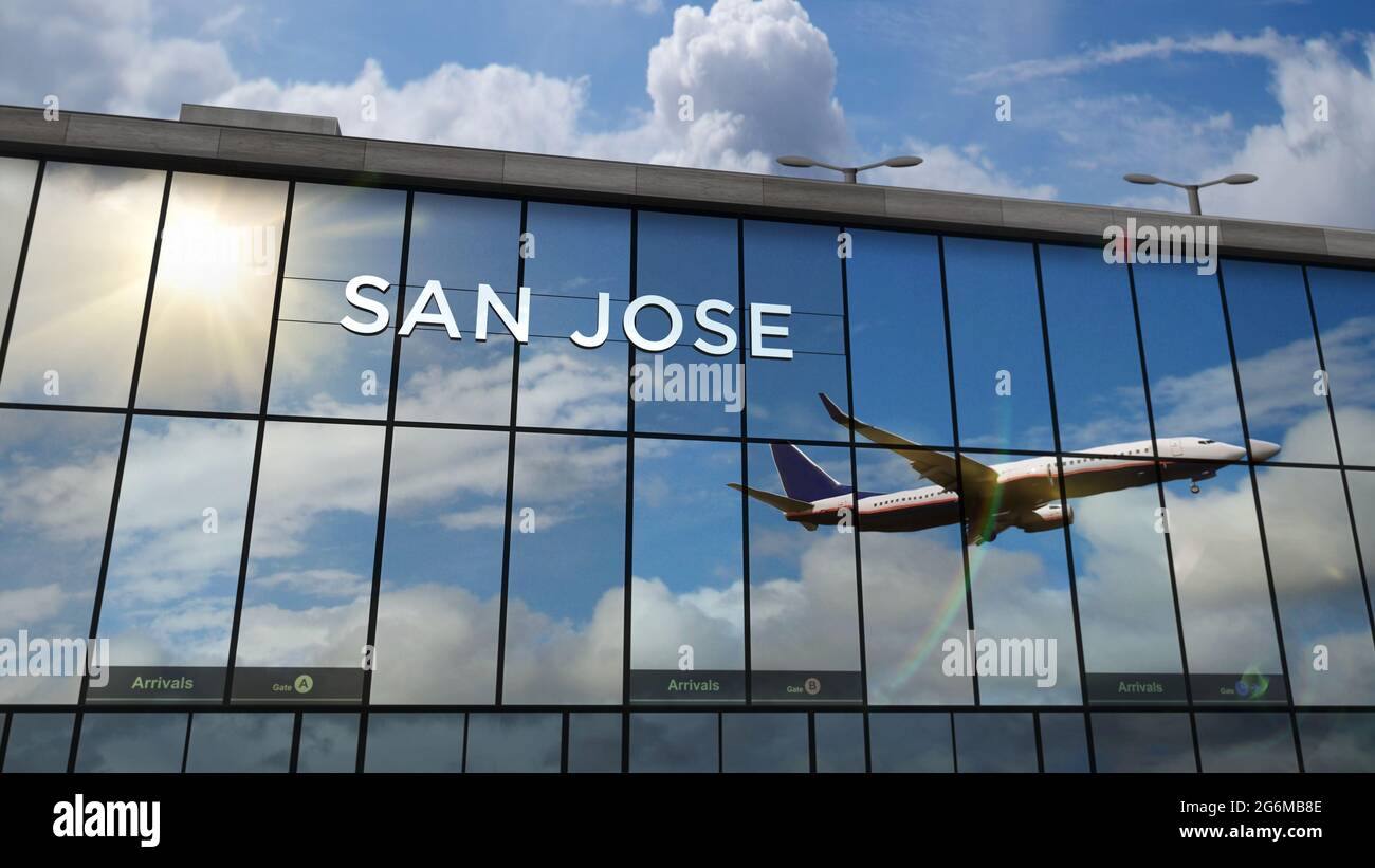 Avion atterrissage à San Jose, Californie, Costa Rica 3D rendu