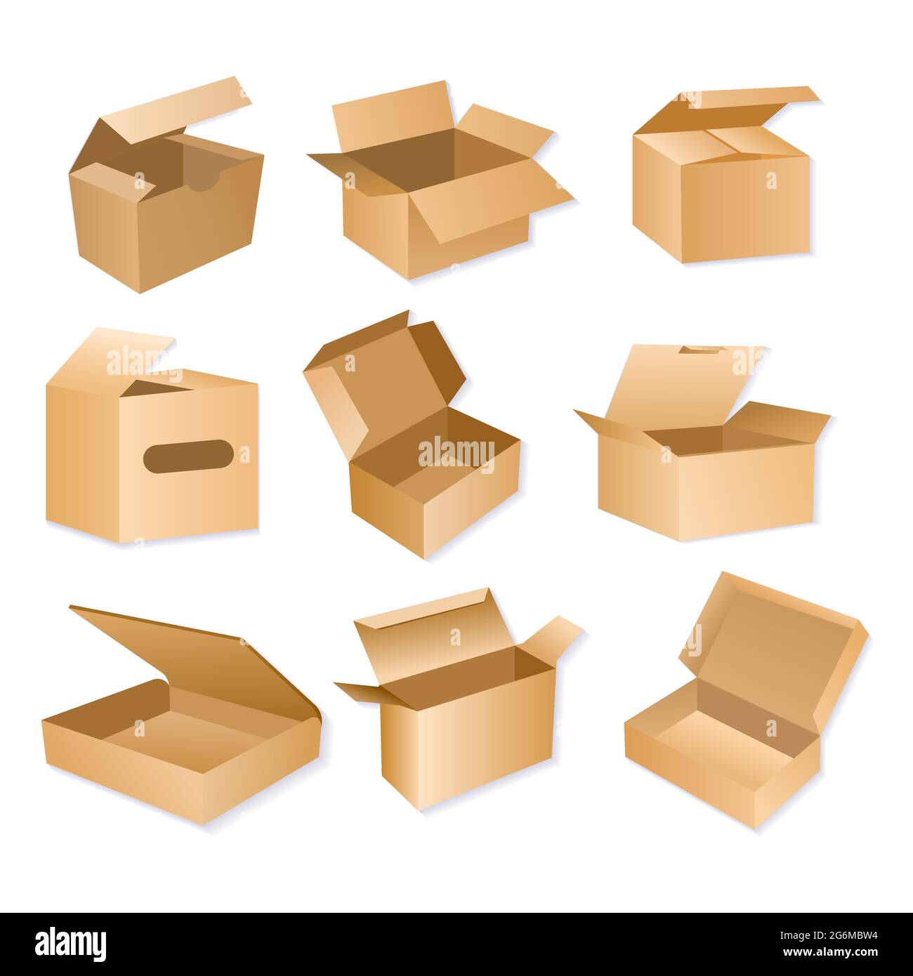 Illustration vectorielle de la boîte d'emballage en carton. Emballages de livraison en carton brun réalistes isolés sur fond blanc. Illustration de Vecteur