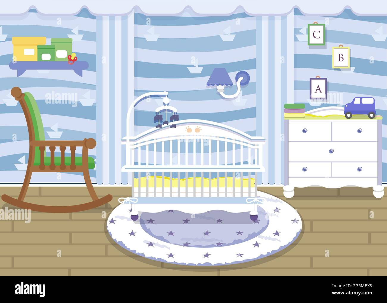 Illustration vectorielle d'une belle et belle chambre d'enfant pour un bébé garçon dans la couleur bleue avec des meubles, des jouets dans le style plat. Illustration de Vecteur