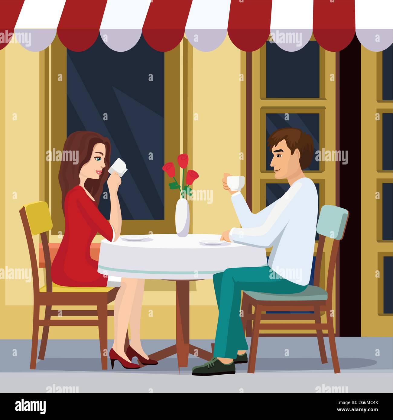 Illustration vectorielle d'un couple charmant est de boire du café dans un café. Un homme et une femme sont assis à une table à l'extérieur d'un restaurant dans un style plat. Illustration de Vecteur