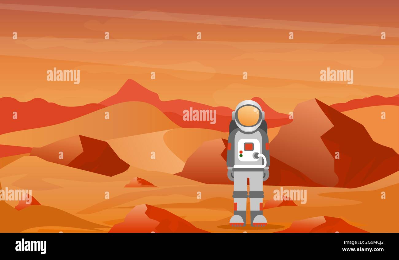 Illustration vectorielle astronaute dans un espace sur Mars ou une autre planète avec paysage désertique. Illustration de Vecteur