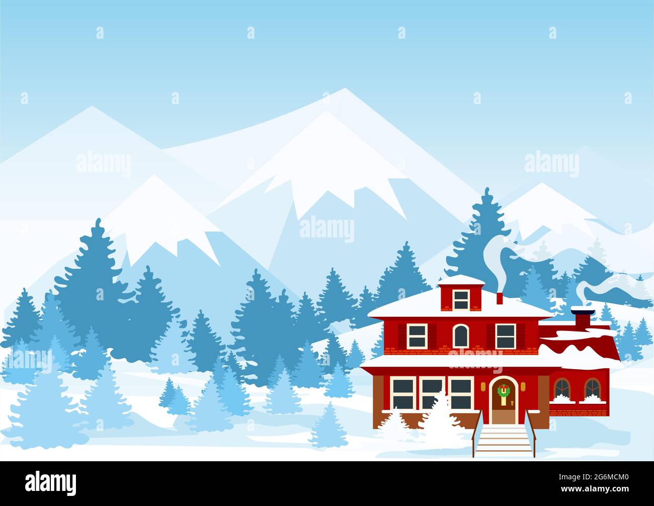 Illustration vectorielle du paysage d'hiver avec montagnes et couleur rouge côte couverte de neige en forêt. Illustration de Vecteur