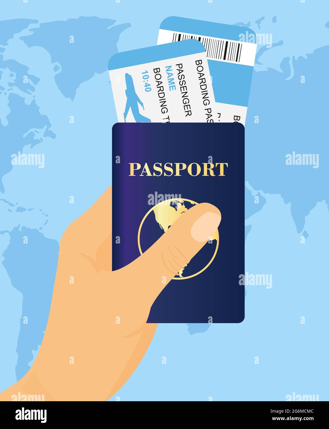Illustration vectorielle d'un passeport à main avec billets sur fond de carte du monde. Concept voyage et tourisme. Illustration de Vecteur