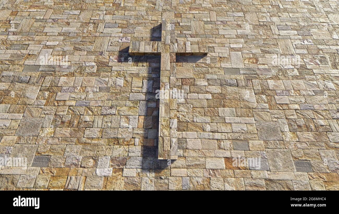 Concept ou croix conceptuelle sur fond calcaire à motif vintage. métaphore de l'illustration 3d pour Dieu, Christ, Christianisme, religieux, foi, saint, Banque D'Images