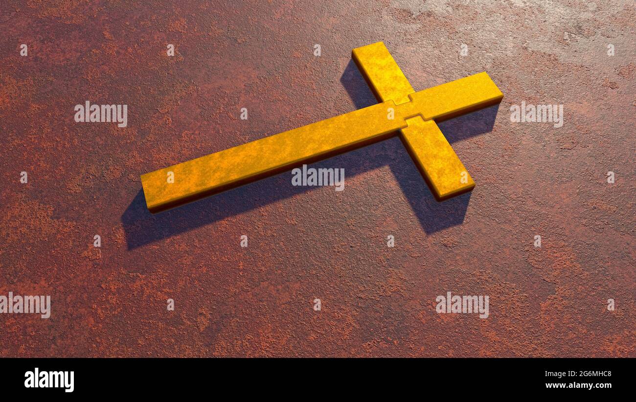Concept ou croix d'or conceptuelle sur un fond en tôle corrodée rouillée ou en tôle d'acier. métaphore de l'illustration 3d pour Dieu, Christ, religieux, foi Banque D'Images