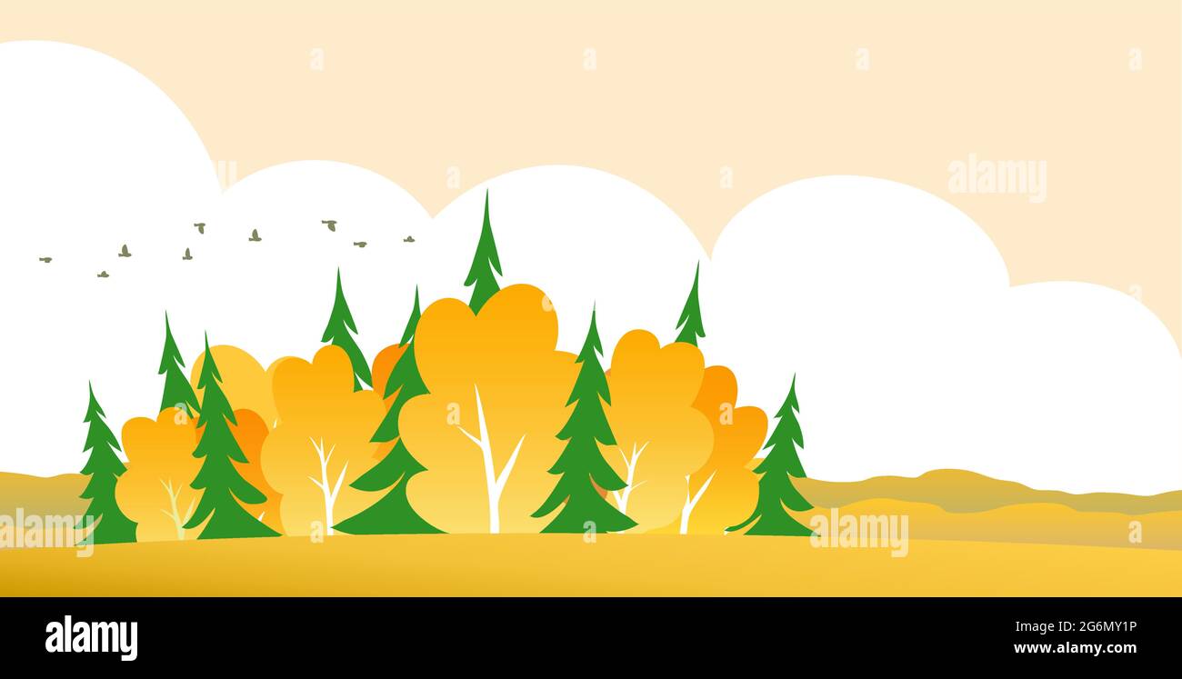 Automne doré dans la forêt. Paysage rural. Arbres jaunes, épinette verte, champ large et horizon. Troupeau d'oiseaux. Illustration vectorielle de dessin animé pour le verso Illustration de Vecteur