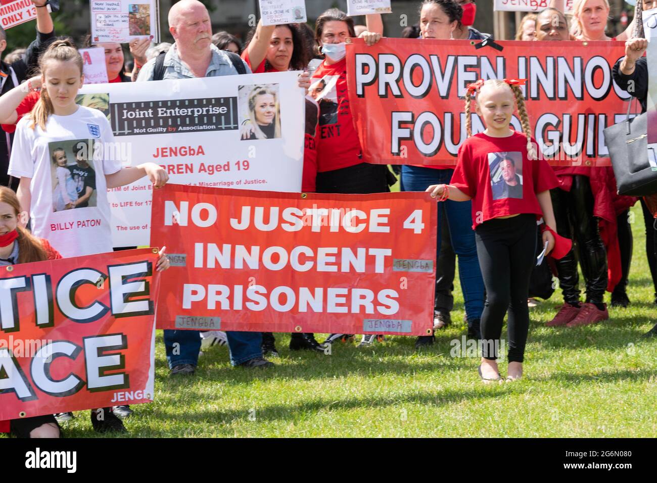 Londres, Royaume-Uni. 7 juillet 2021. Une protestation de JENGbA, joint Enterprise: Non coupable par association. Il s'agit d'une campagne menée par des familles et des partisans de ceux qui auraient été condamnés à tort en utilisant la doctrine juridique de 'joint Enterprise'. Crédit : Ian Davidson/Alay Live News Banque D'Images