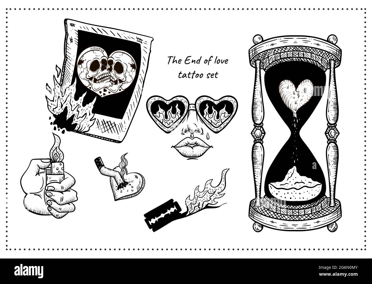 la fin de l'amour tatouage set: crâne, feu, lame, sablier, crâne, feu, lame, sablier, larmes Illustration de Vecteur