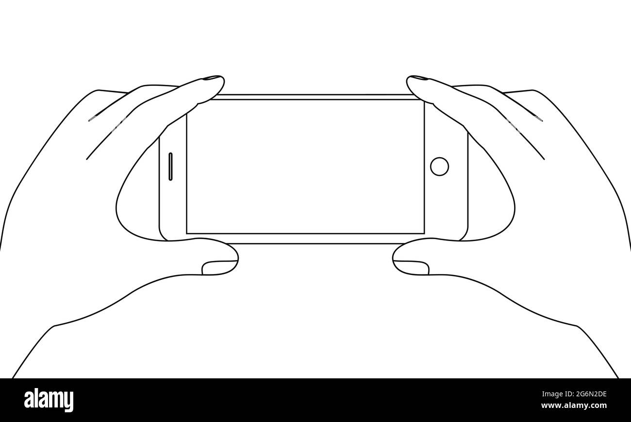 Illustration vectorielle appareil mobile dans les mains contour et contour sur fond blanc. Illustration de Vecteur