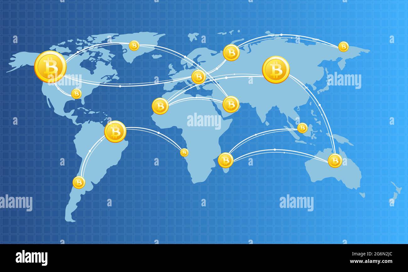 Illustration vectorielle de l'image du concept de technologie financière avec bitcoin sur l'arrière-plan de la carte du monde en couleurs claires. Devises numériques Illustration de Vecteur