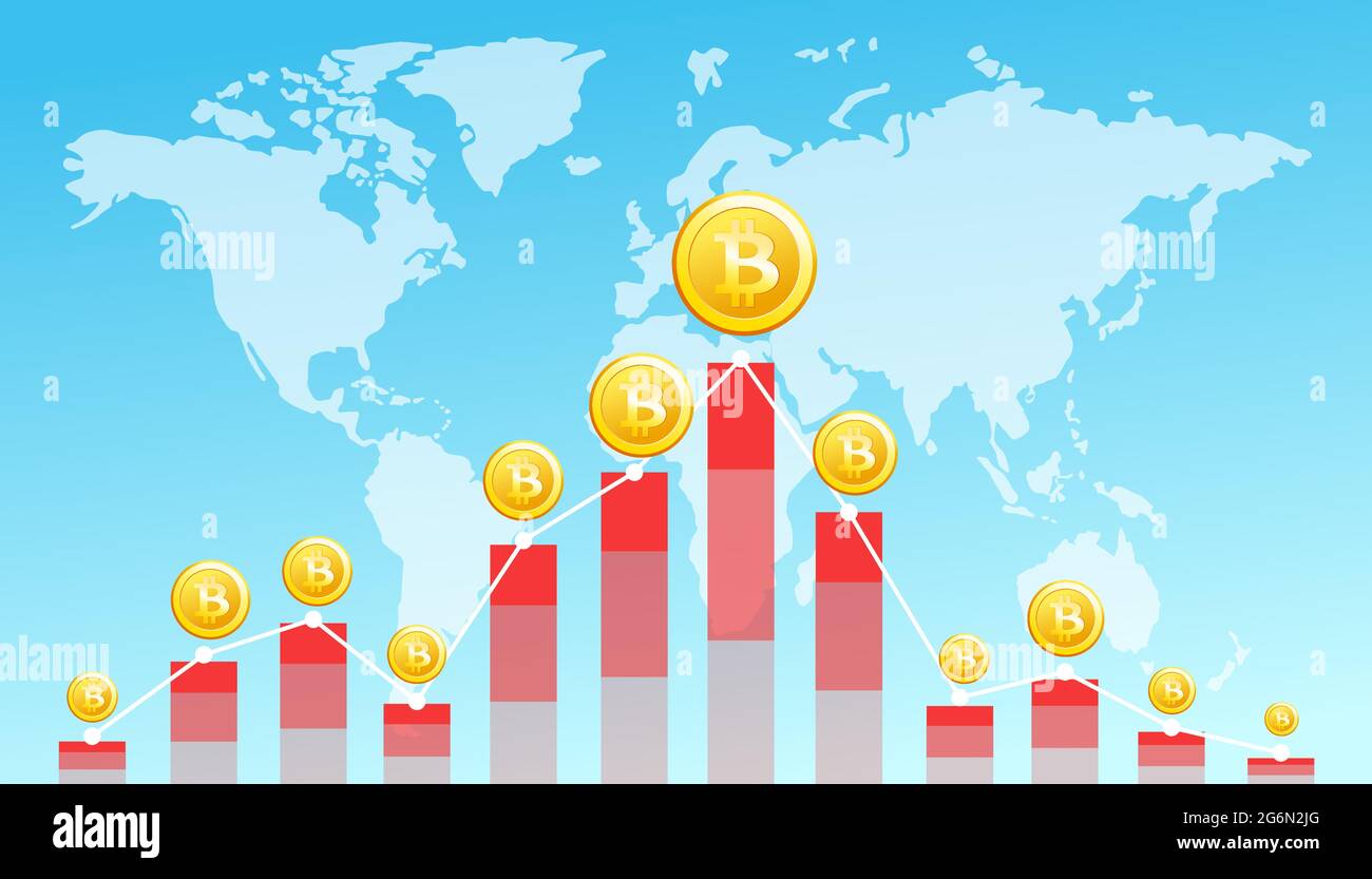 Illustration vectorielle de l'image du concept de technologie financière avec bitcoin sur l'arrière-plan de la carte du monde. Monnaies numériques , crypto-monnaie , numérique Illustration de Vecteur