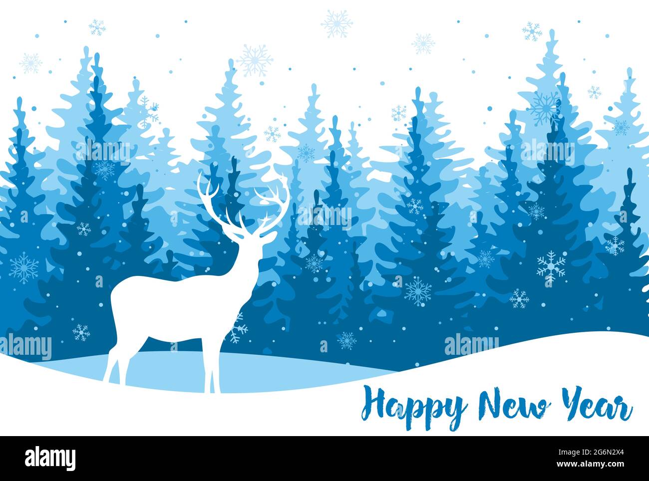 Illustration vectorielle pour carte de vœux avec cerf blanc sur fond d'arbres de noël, de style plat. Texte de bonne année. Illustration de Vecteur