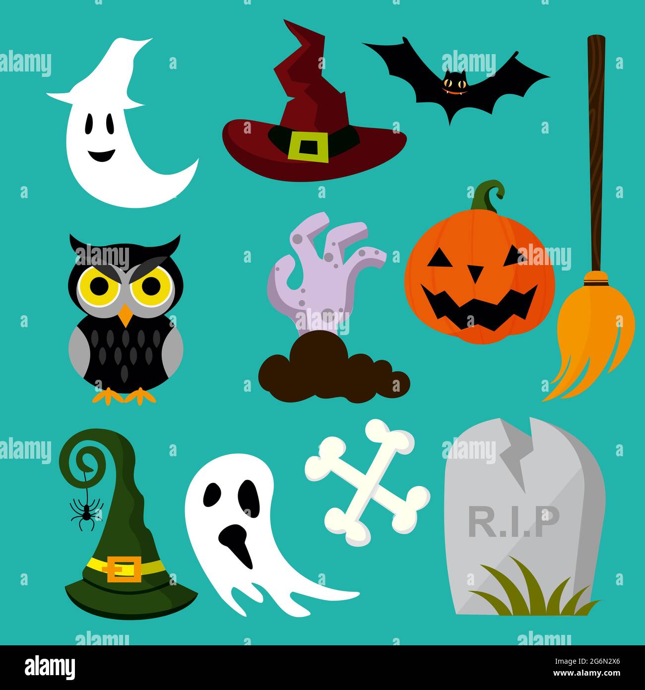 Illustration vectorielle d'un hibou d'Halloween, chapeau, tombe, balai, fantôme. Collection d'affiches et d'icônes pour Halloween. Concept de dessin animé de style plat. Illustration de Vecteur