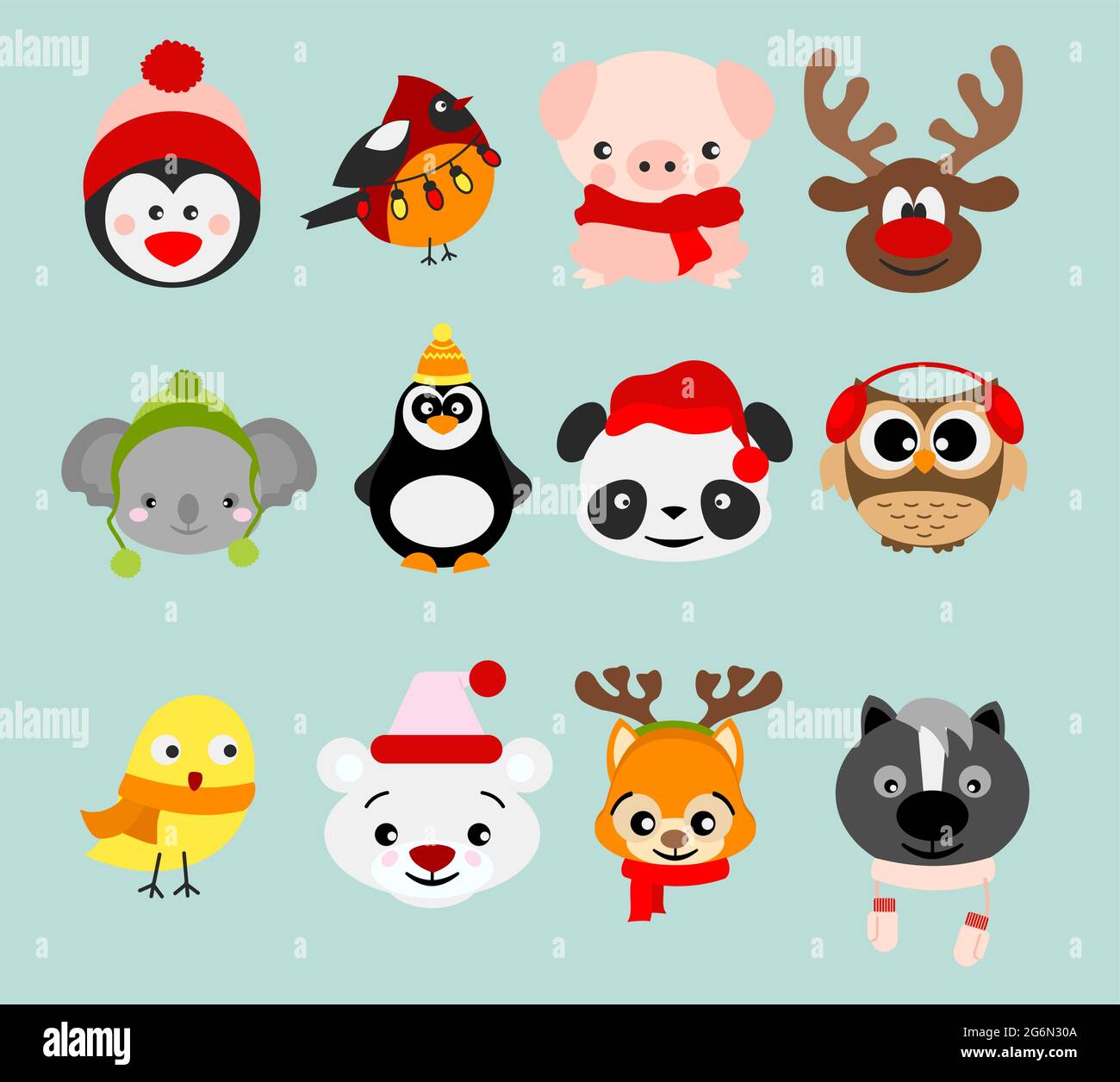 Ensemble d'illustrations vectorielles d'animaux d'hiver mignons en costumes et éléments de Noël. Heureux en hiver et animaux de noël dans le style de dessin animé plat. Illustration de Vecteur