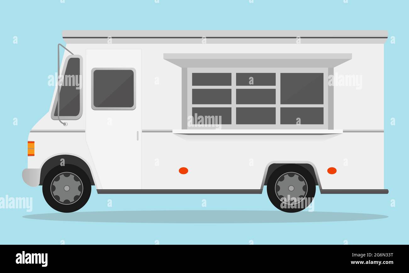 Illustration vectorielle d'une remorque de restauration rapide blanche isolée sur un fond bleu clair de style plat. Illustration de Vecteur