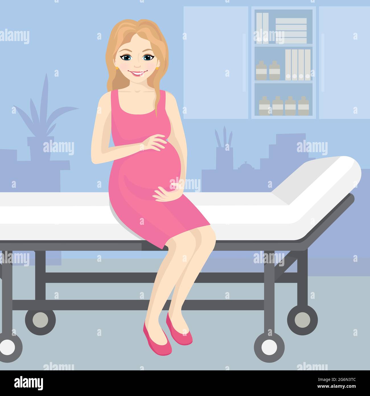 Illustration vectorielle d'une femme enceinte heureuse assise sur un chariot d'hôpital. Souriante enceinte jeune belle femme de style plat. Illustration de Vecteur